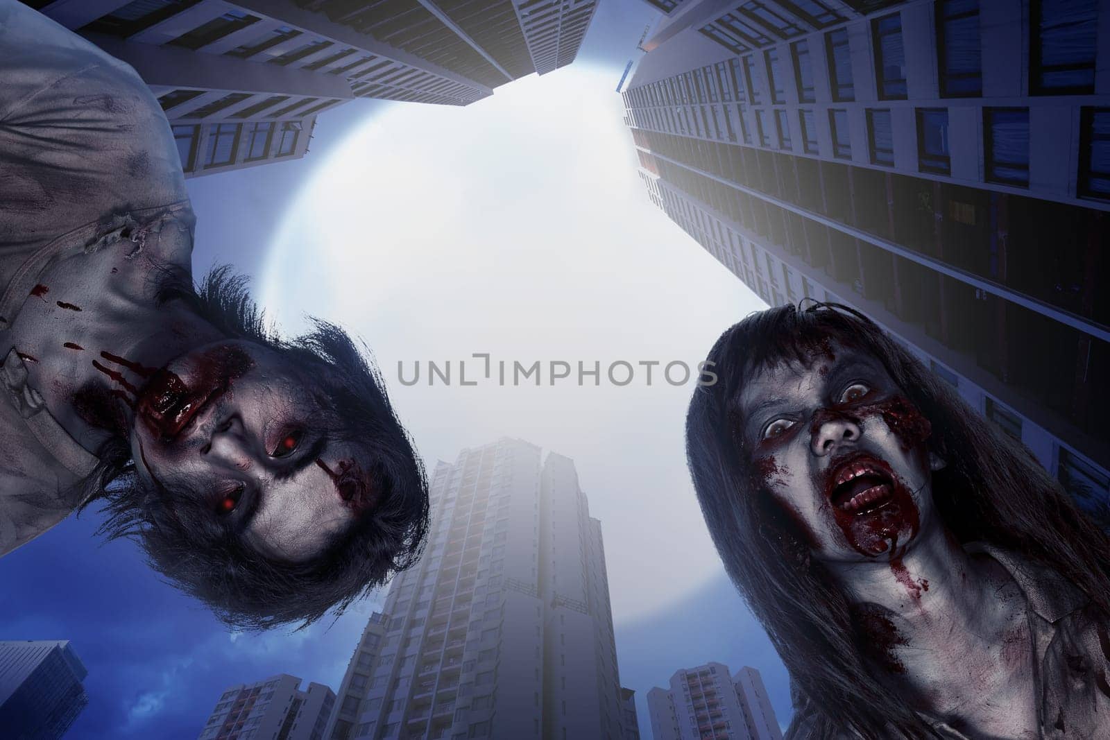 Zombies with bloody face living on abandoned city. Halloween concept
