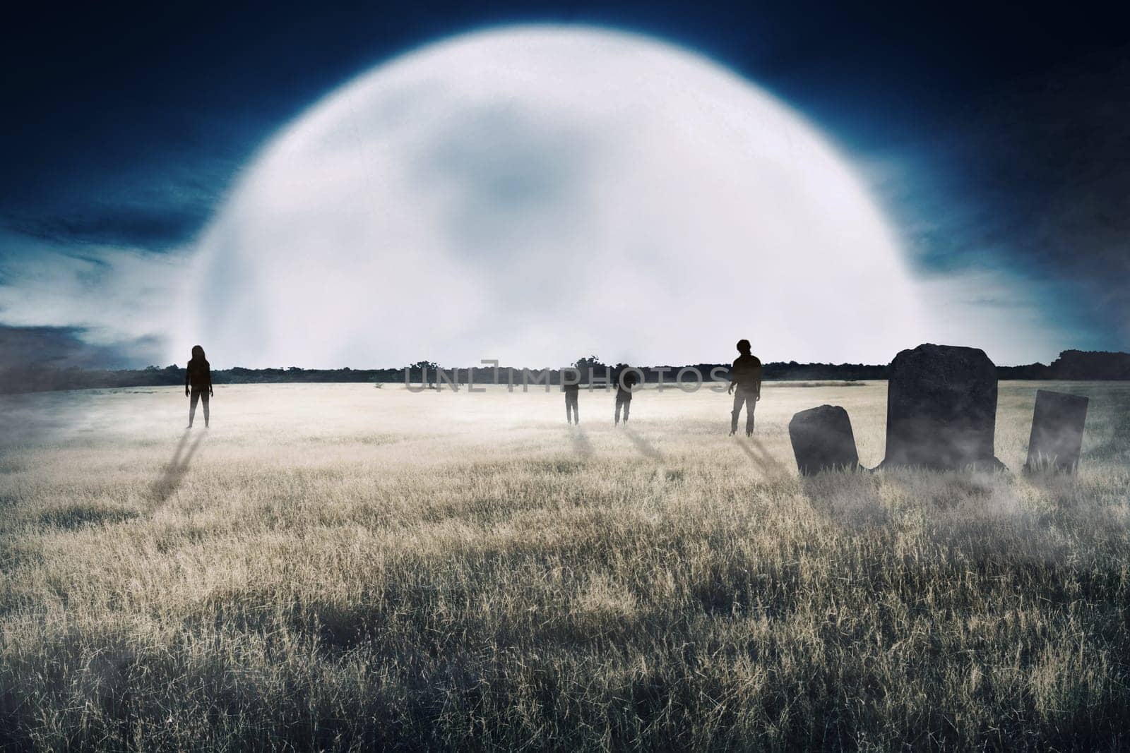 Crowd of zombies looked from far away walking approaching. Halloween concept