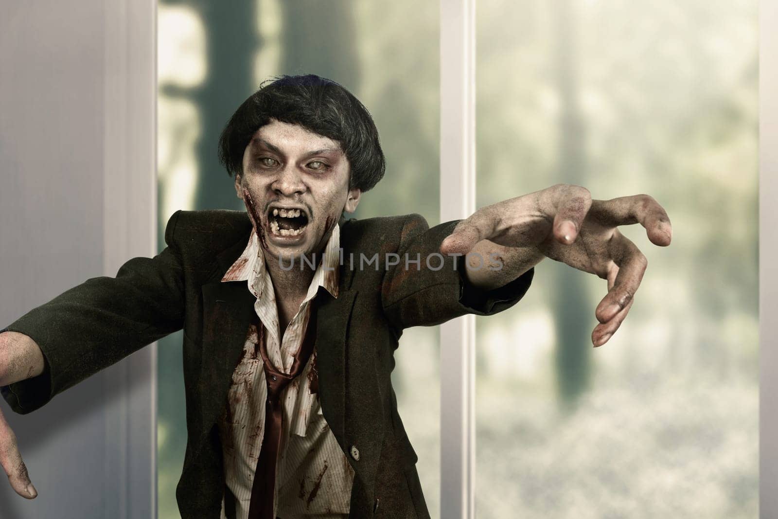 Creepy zombie man living on abandoned house. Halloween concept