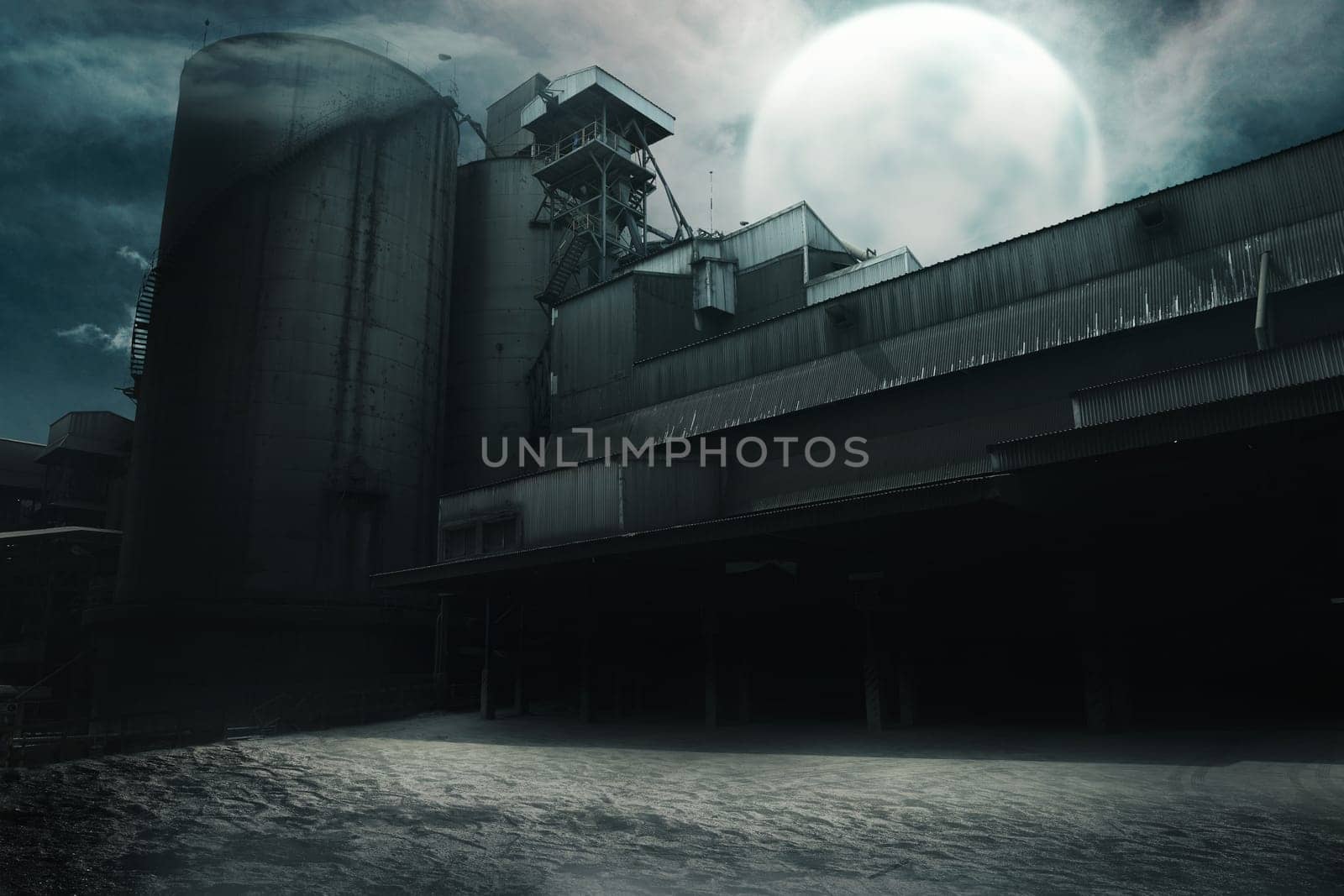 Abandoned old factory at night. Halloween background