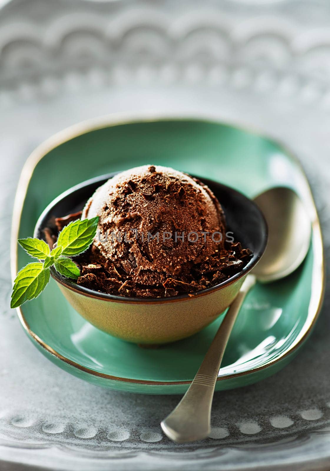 Homemade Organic chocolate Ice Cream scoop decorated with chocolate