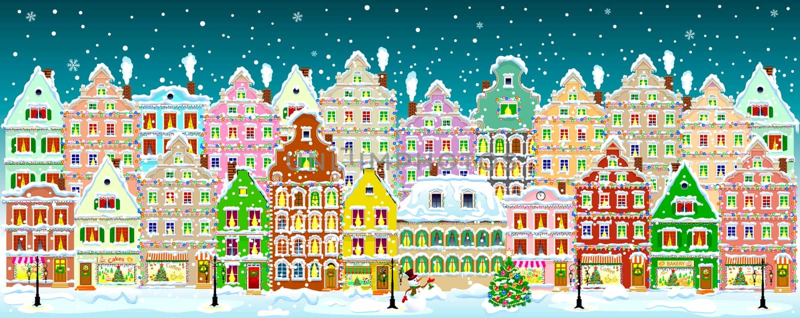 City street in winter. Christmas Eve. The winter vacation. The houses are covered with snow. Snow on a city street. Houses decorated before the winter holidays.  Snow-covered city street.