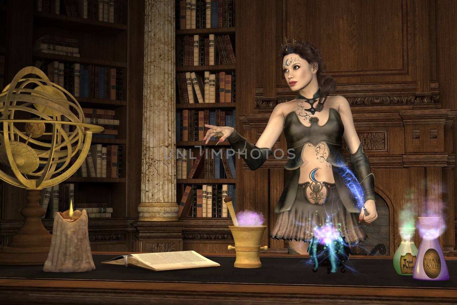 A powerful witch talks to her protegee as she brews a magical potion to use in a spell.