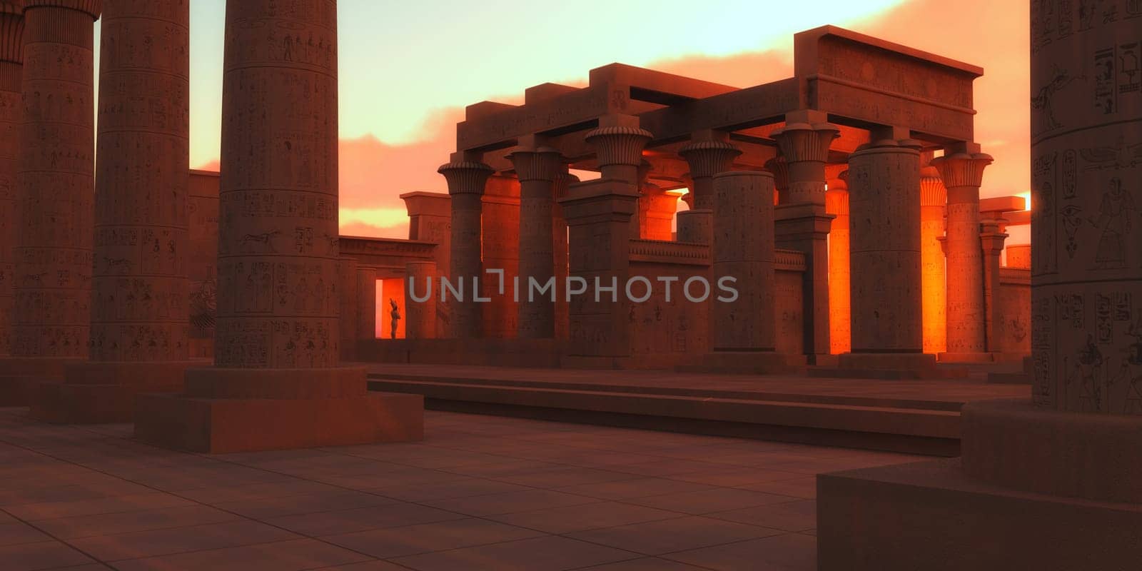 Light glows from the inner rooms of an Egyptian temple with a statue of a pharaoh.