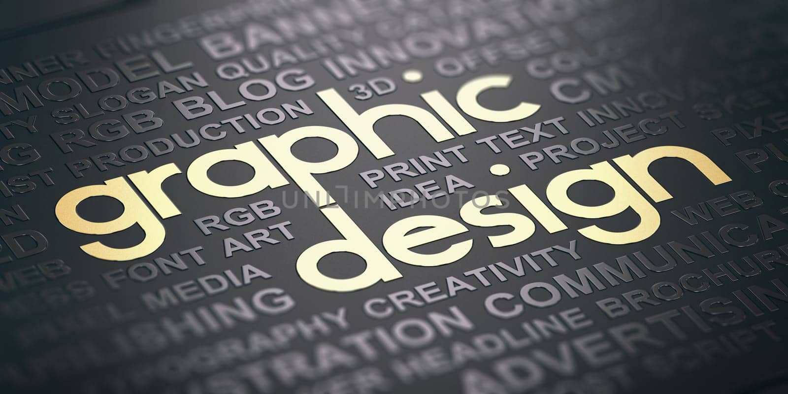 Words cloud over black background with the text graphic design witten in golden letters. Visual communication concept. 3D illustration