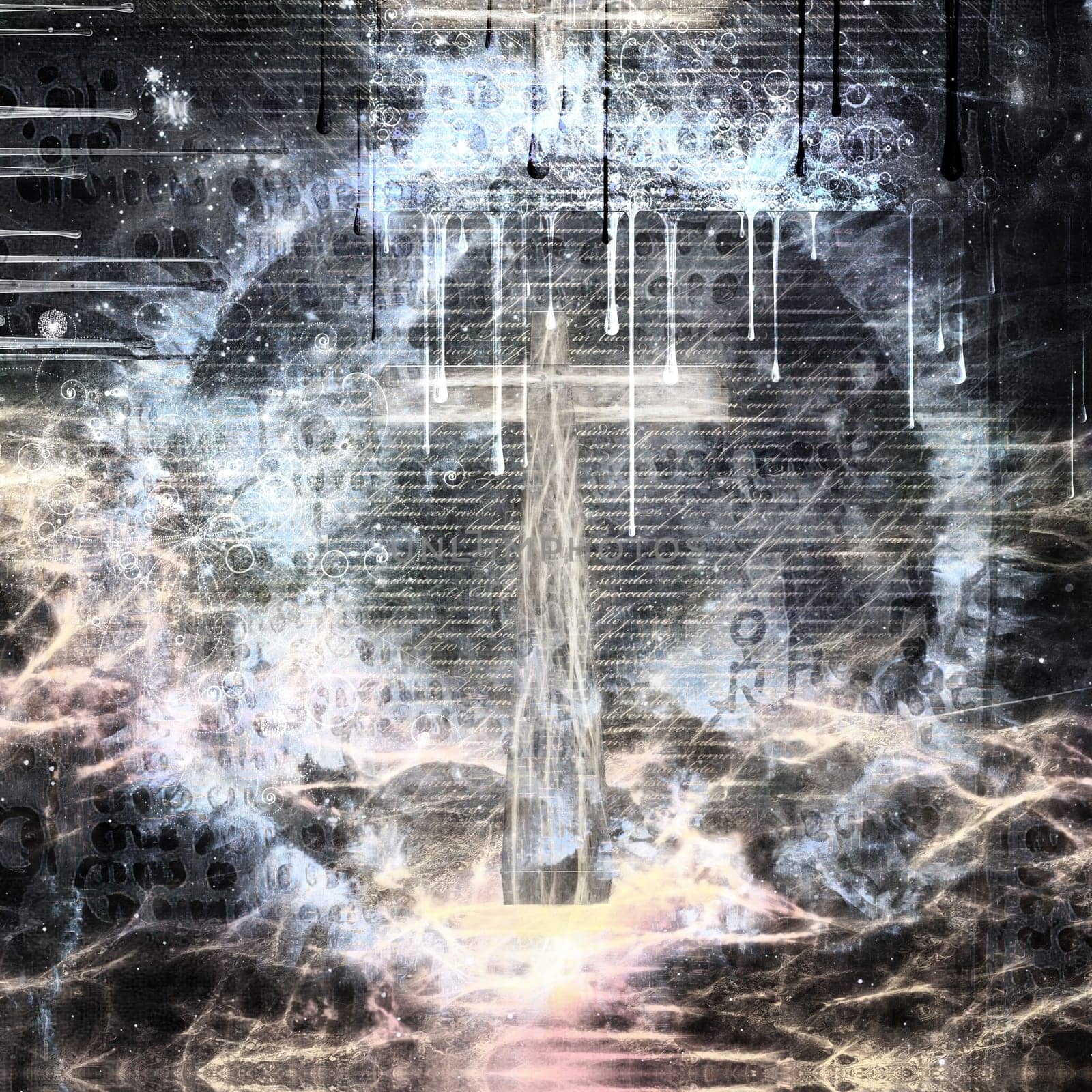 Abstract religious composition. Christian Cross, latin text at the background. 3D rendering