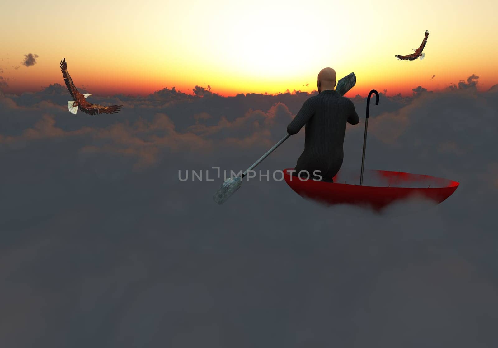 Surrealism. Man in a suit with paddle floats in red umbrella on clouds. Eagle flies in the sky.
