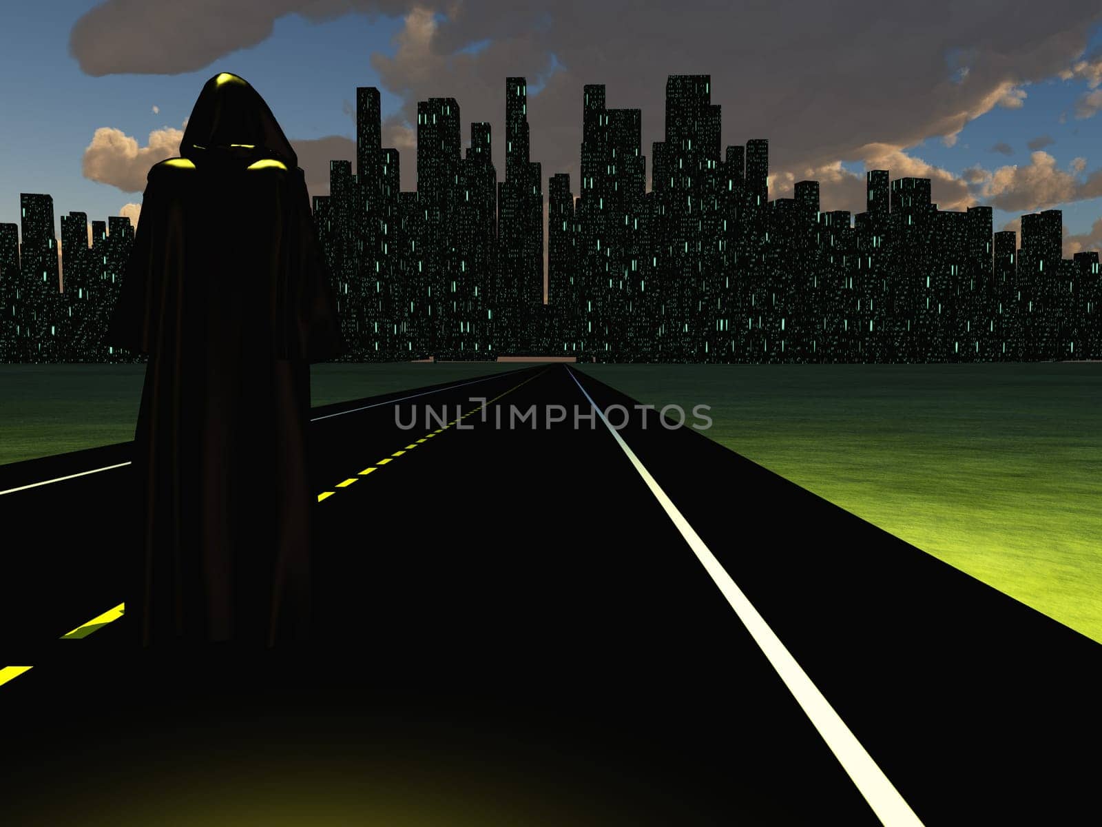 Figure in black cloak on a road to night city.