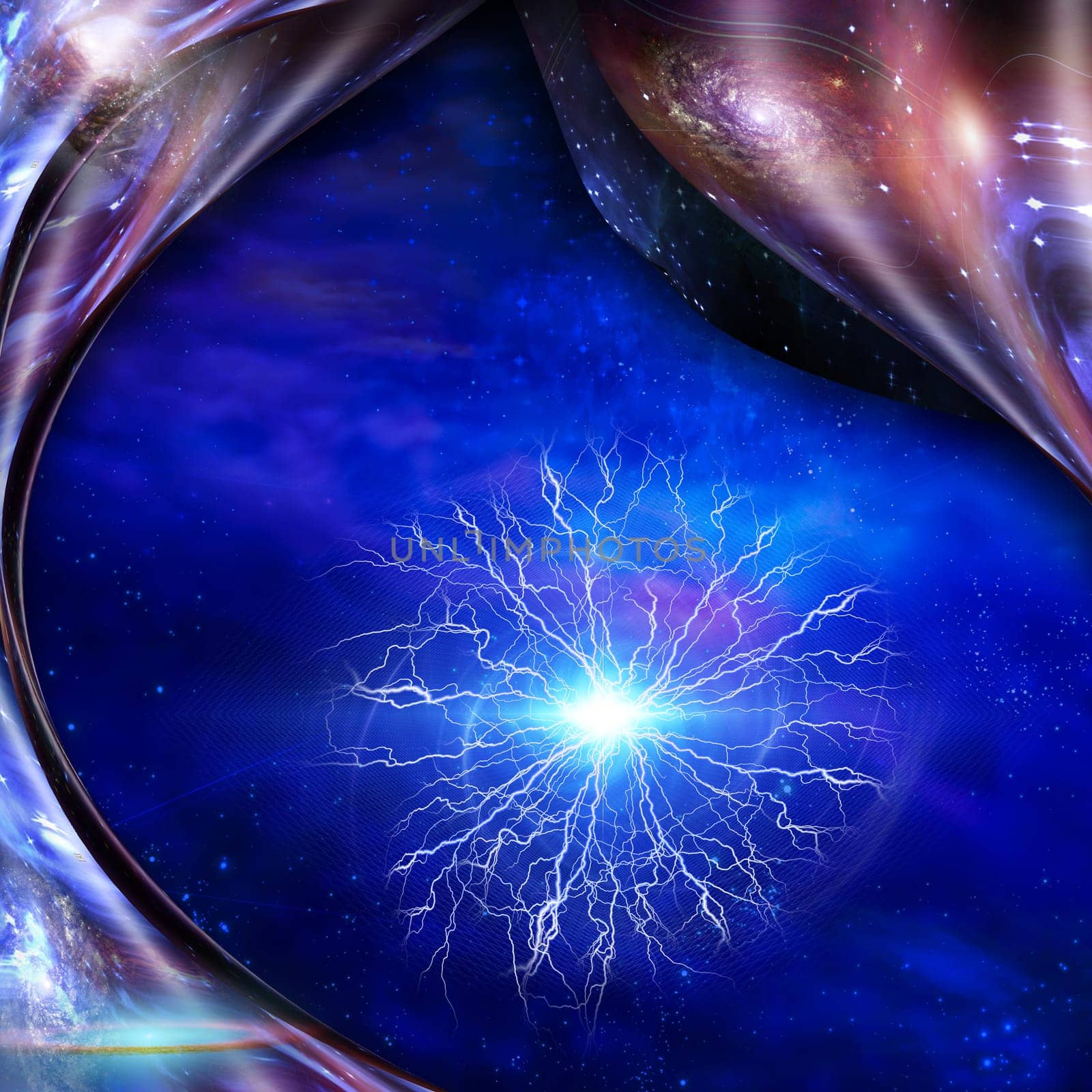 Abstraction. Bunch of lightnings. Energy in warped space