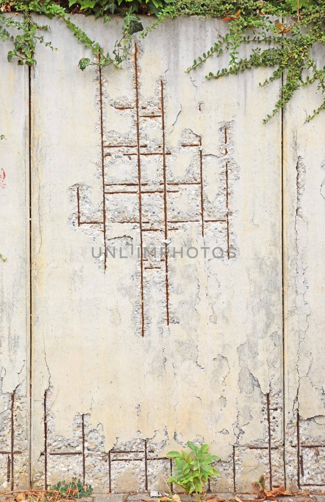 Bright concrete wall with breakouts and visible rebar as background