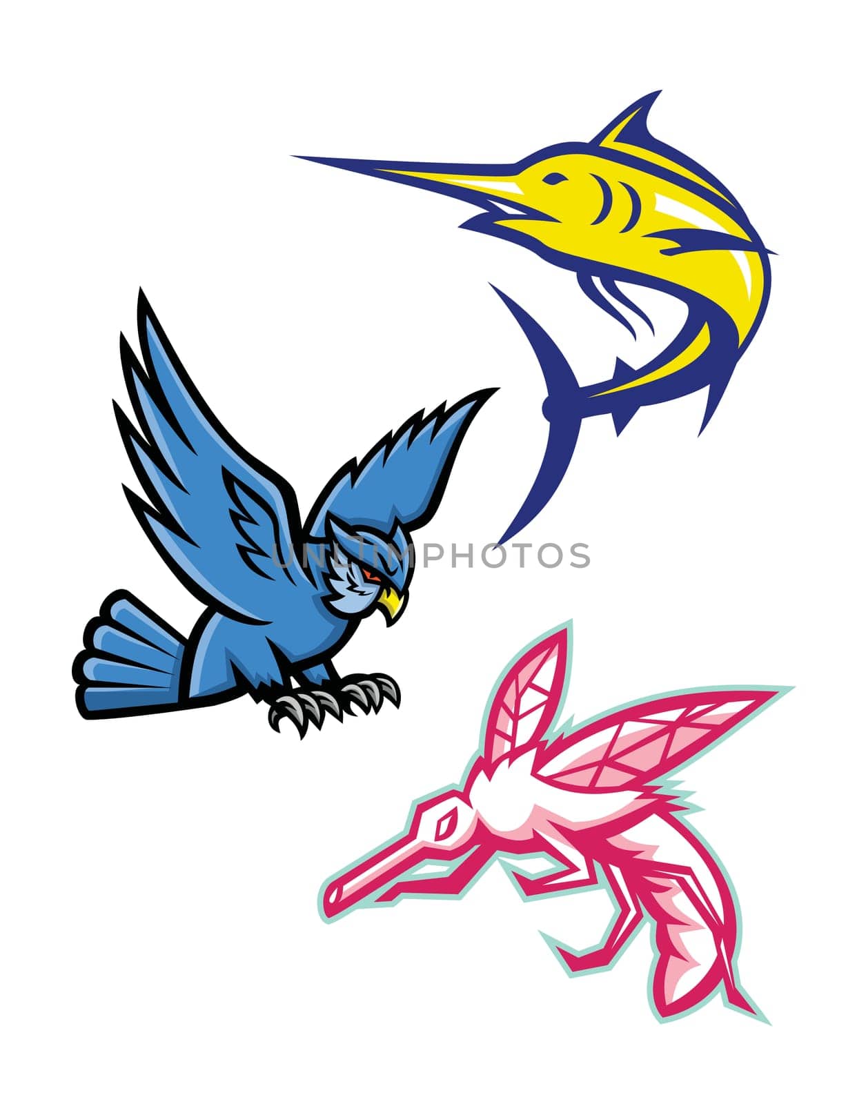 Mascot icon illustration set of miscellaneous wildlife animals like the great horned owl flying, blue marlin jumping and a mosquito  viewed from side  on isolated background in retro style.