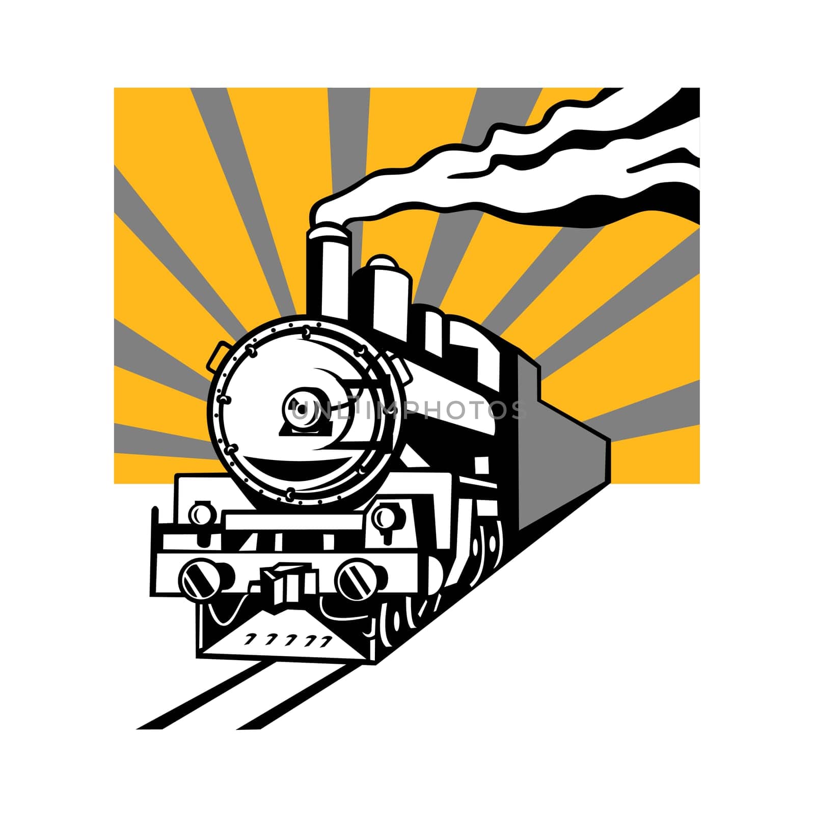 Retro style illustration of a vintage steam engine train or locomotive going towards the viewer with sunburst in background on isolated background.