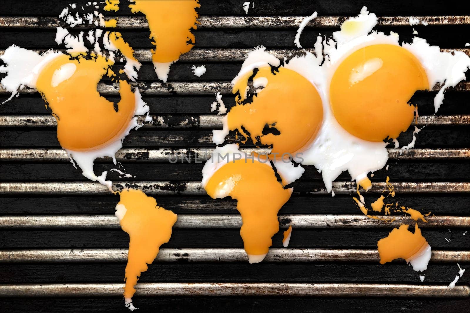 Fried eggs like a map of the earth in a barbecue grill. Concept for global warming