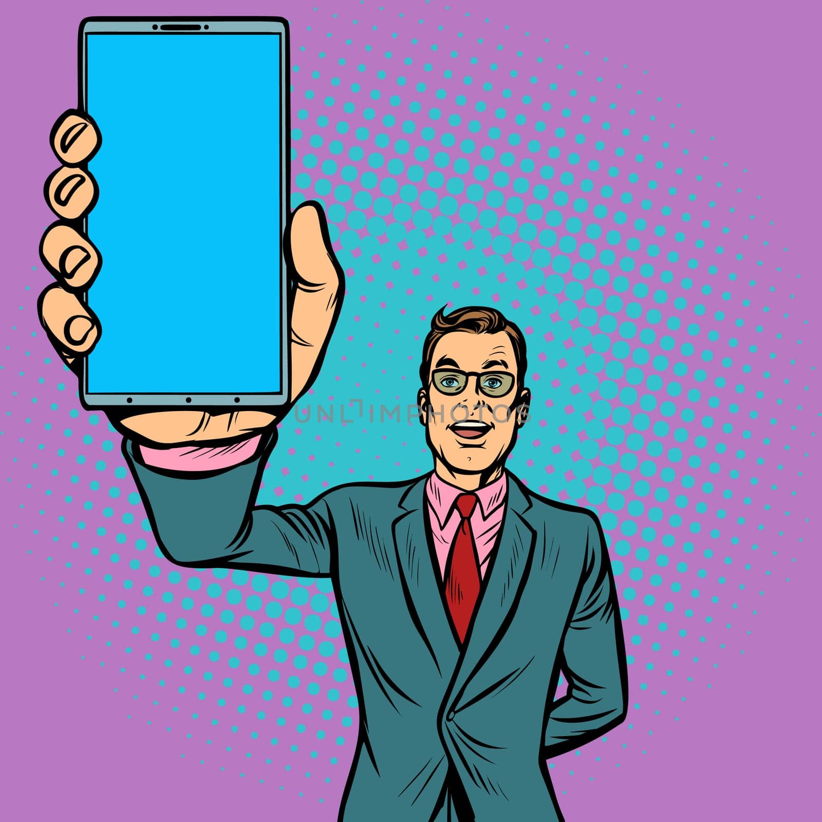 businessman shows a smartphone. Gadgets and technologies. Pop art retro illustration vintage kitsch drawing