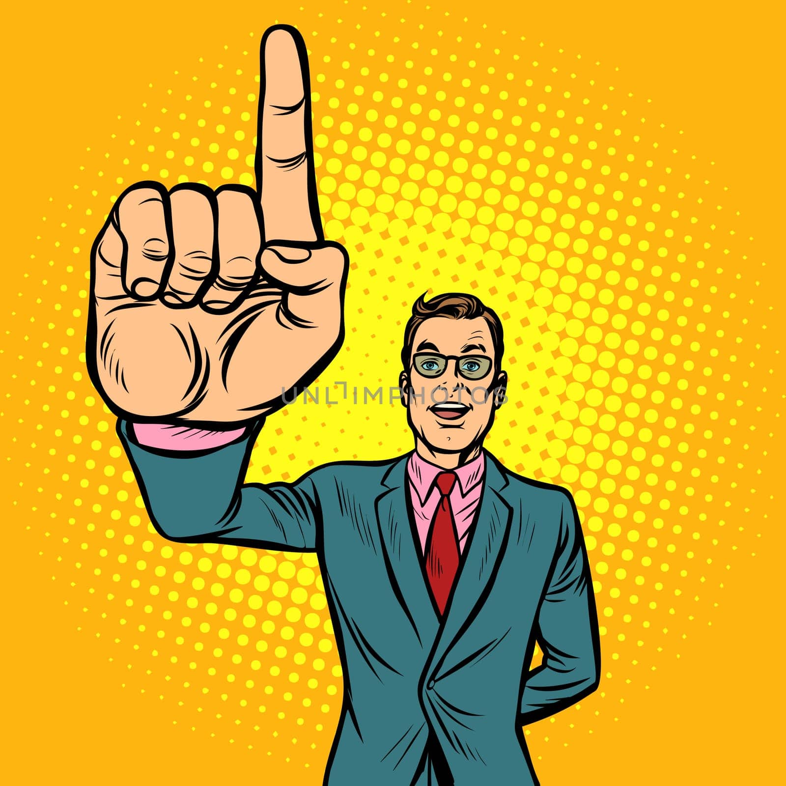 attention gesture man. index finger up. Pop art retro illustration vintage kitsch drawing