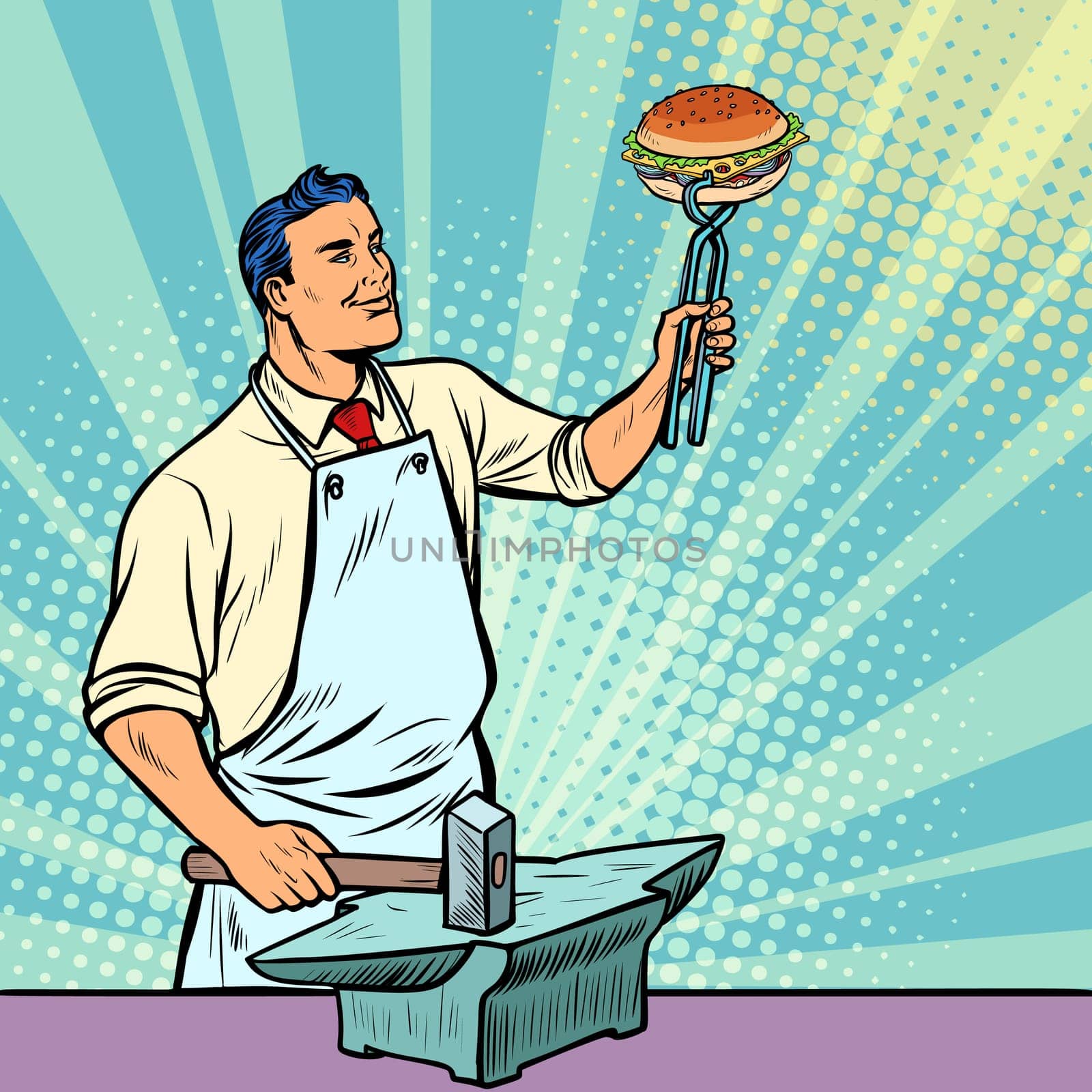 Cook blacksmith forges a Burger on the anvil. Fast food. Pop art retro illustration vintage kitsch drawing