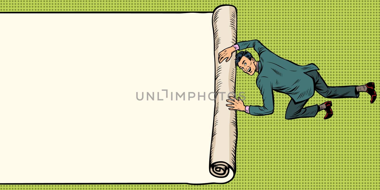 man unfolds folds paper background copy space. Pop art retro illustration vintage kitsch drawing
