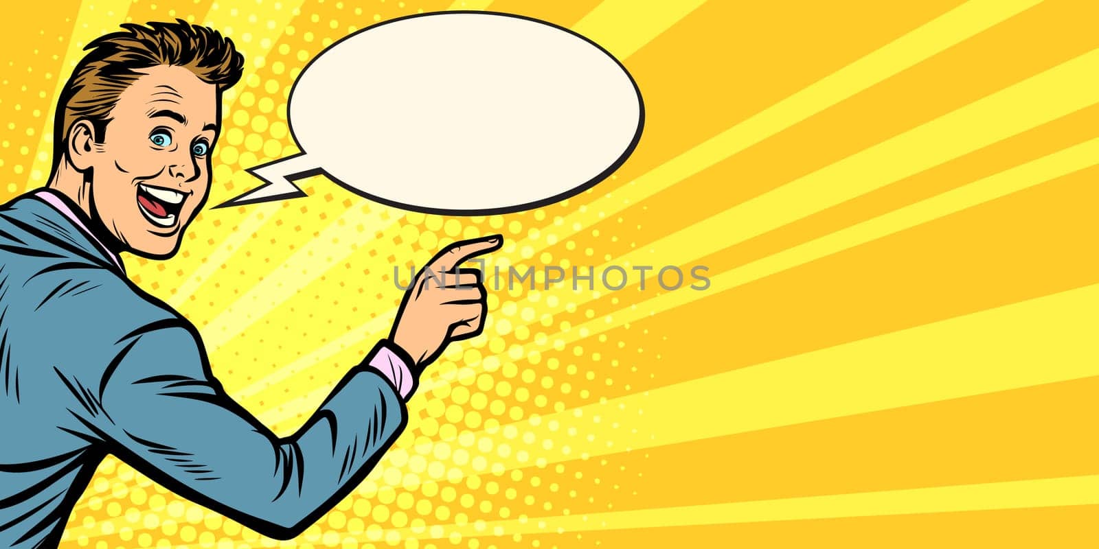 man points to copy space. Pop art retro vector illustration vintage kitsch