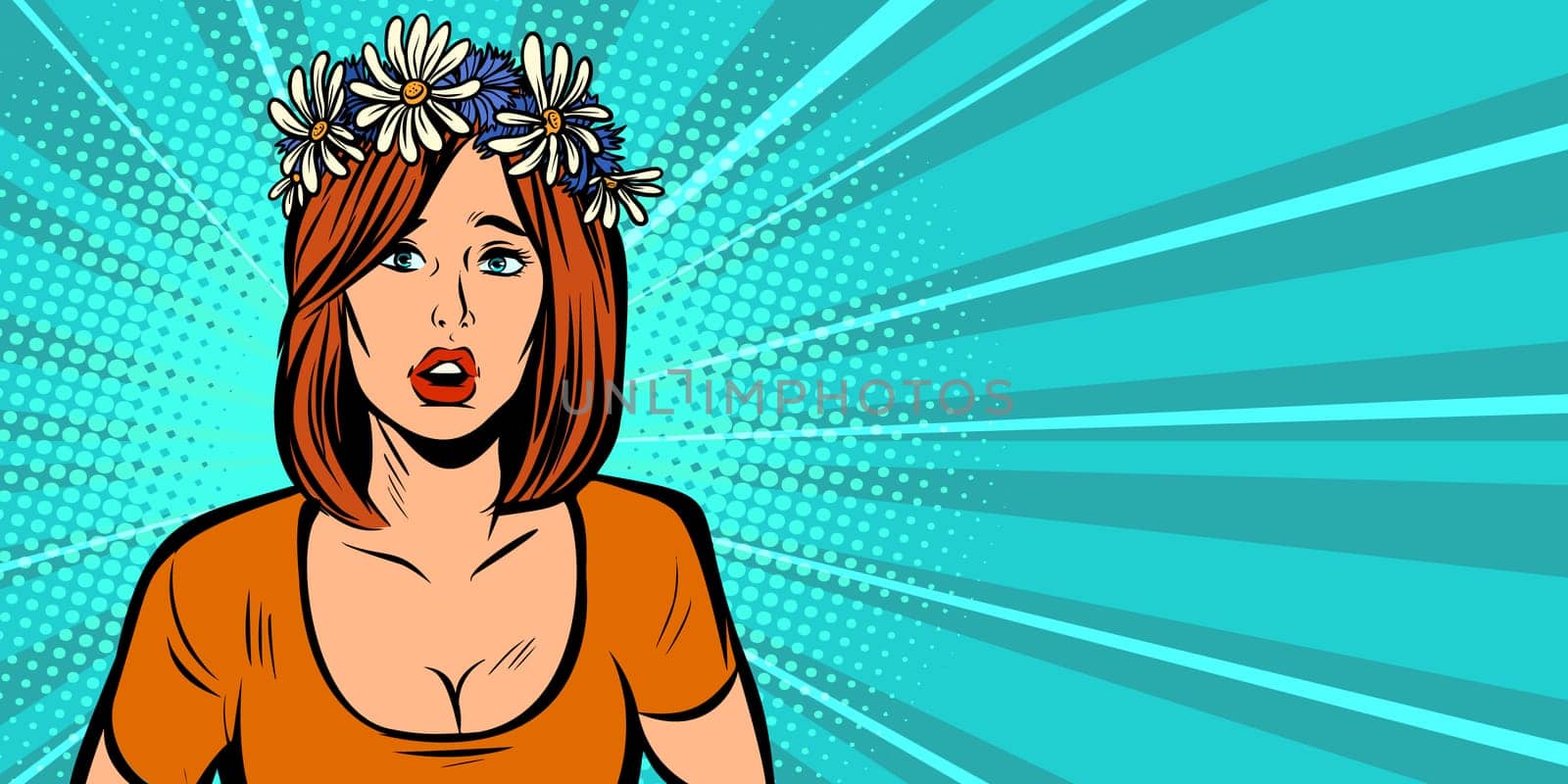surprised alarmed woman in a wreath of wild flowers. Pop art retro vector illustration kitsch vintage