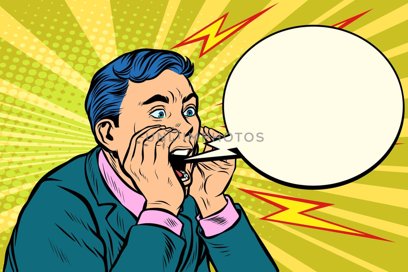 Man screaming calling, pop art retro vector illustration kitsch vintage