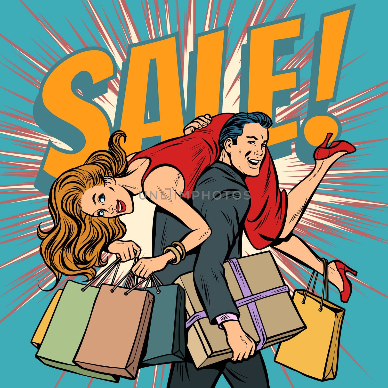 man carries woman in his arms, sale. Pop art retro illustration vintage kitsch drawing