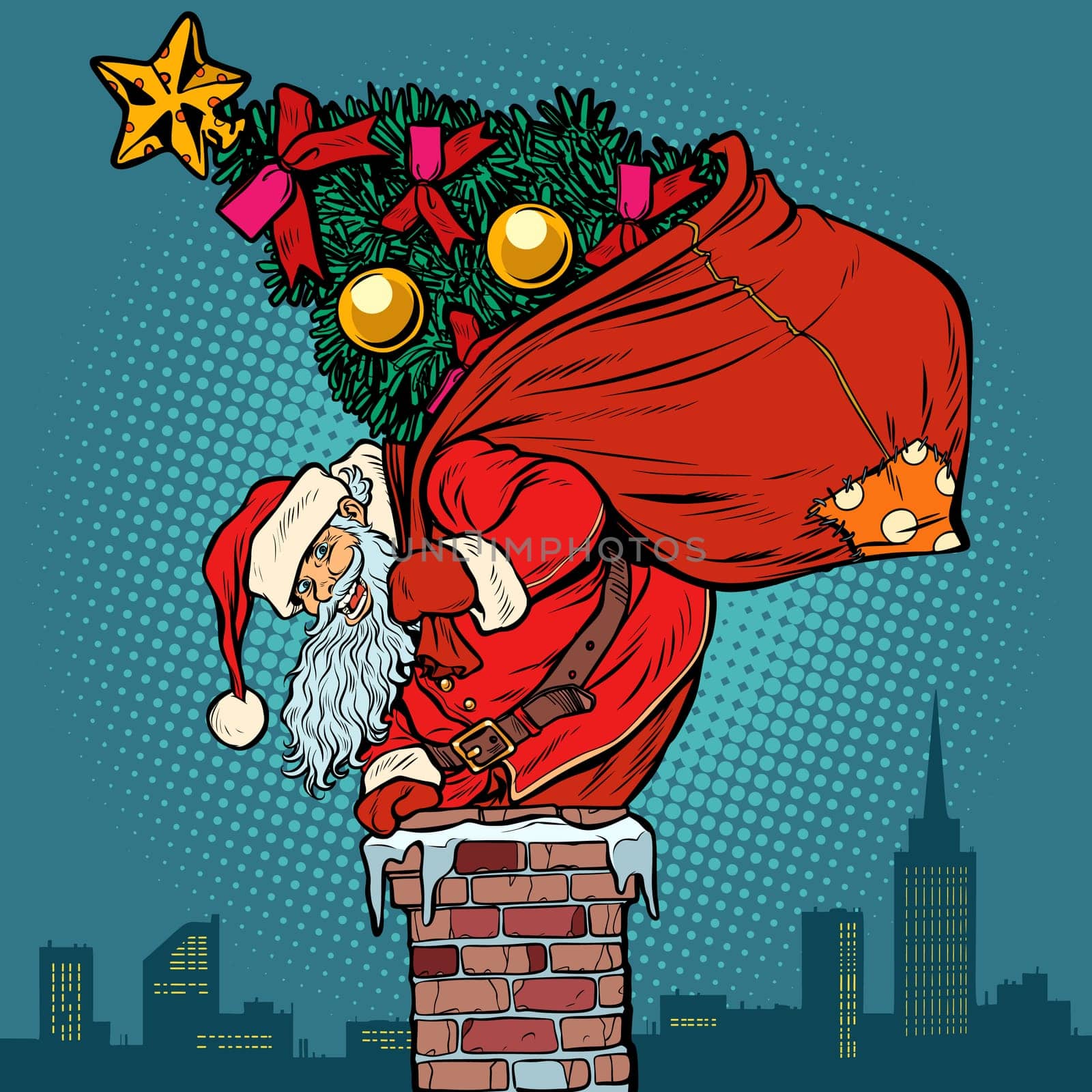 Santa Claus with a Christmas tree in a bag climbs the chimney. Pop art retro vector illustration vintage kitsch drawing