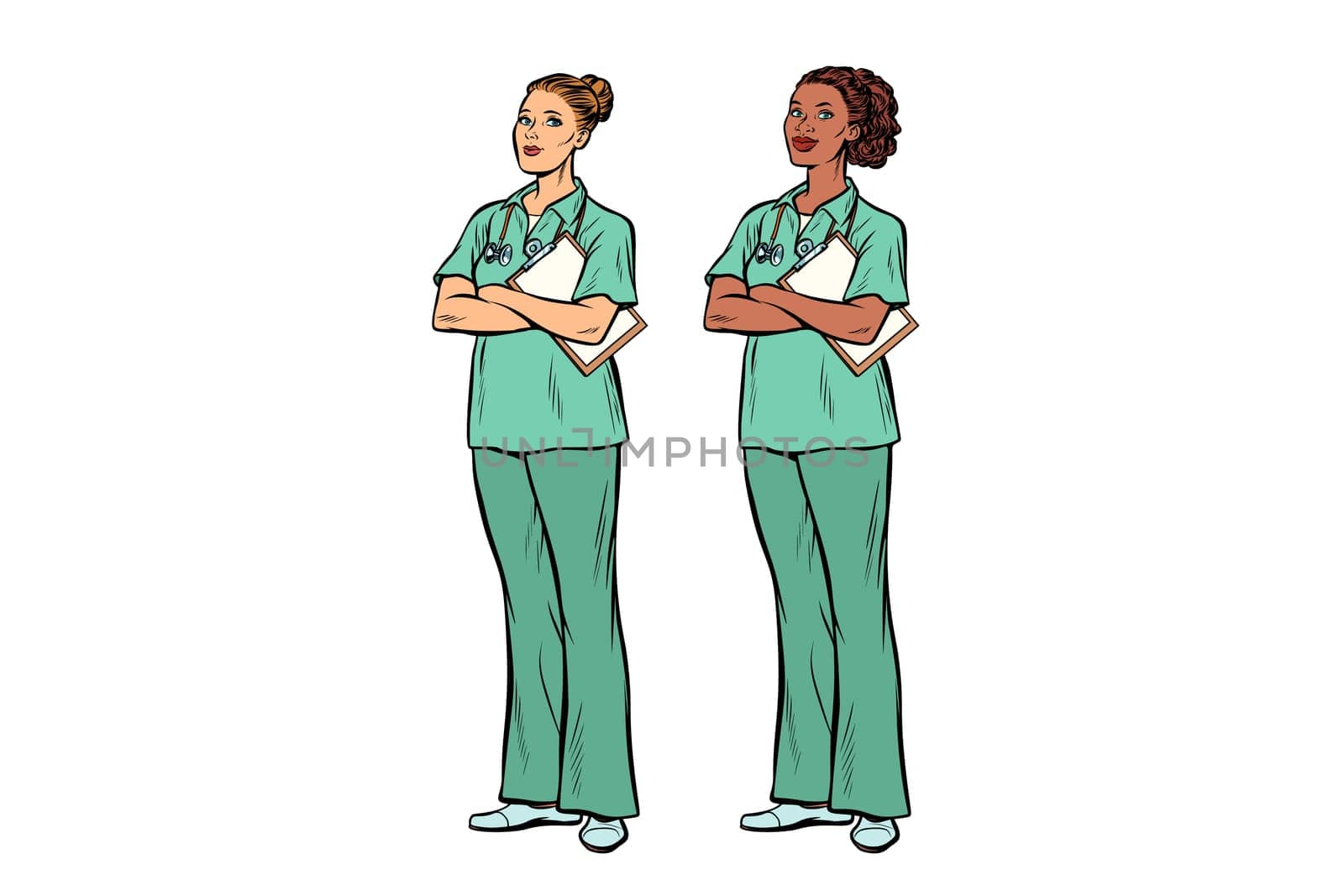 nurse Caucasian and African. Medicine and health. Pop art retro vector illustration vintage kitsch