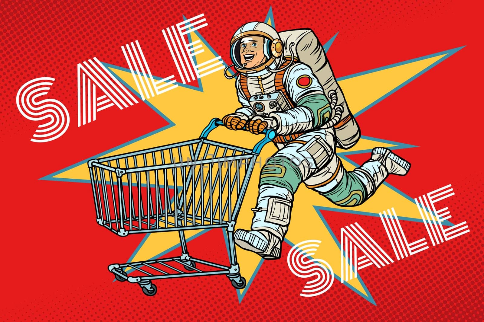 Astronaut on sale. shopping cart trolley. Pop art retro vector illustration vintage kitsch