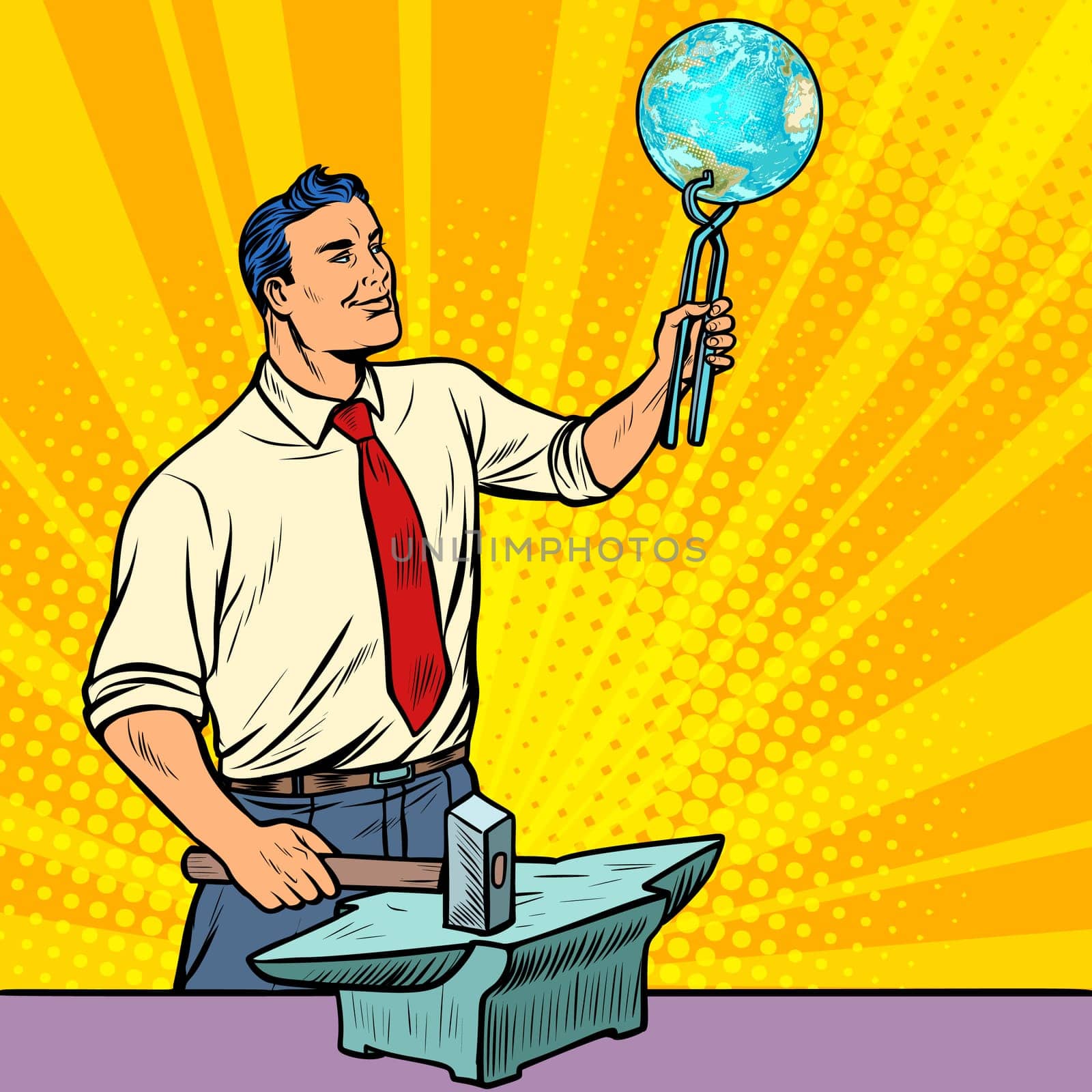 The scientist forges on the anvil of knowledge about planet earth. Pop art retro illustration vintage kitsch drawing
