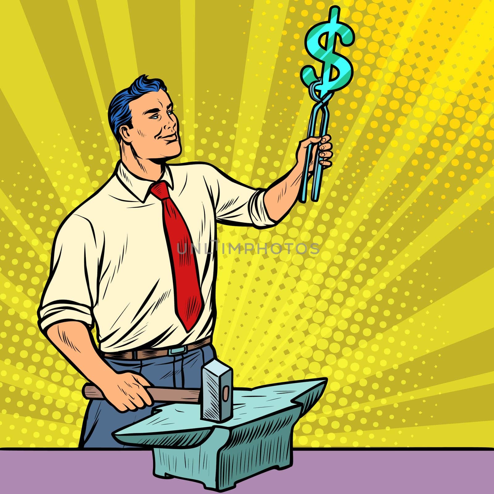 Businessman blacksmith forges money on the anvil. Pop art retro illustration vintage kitsch drawing