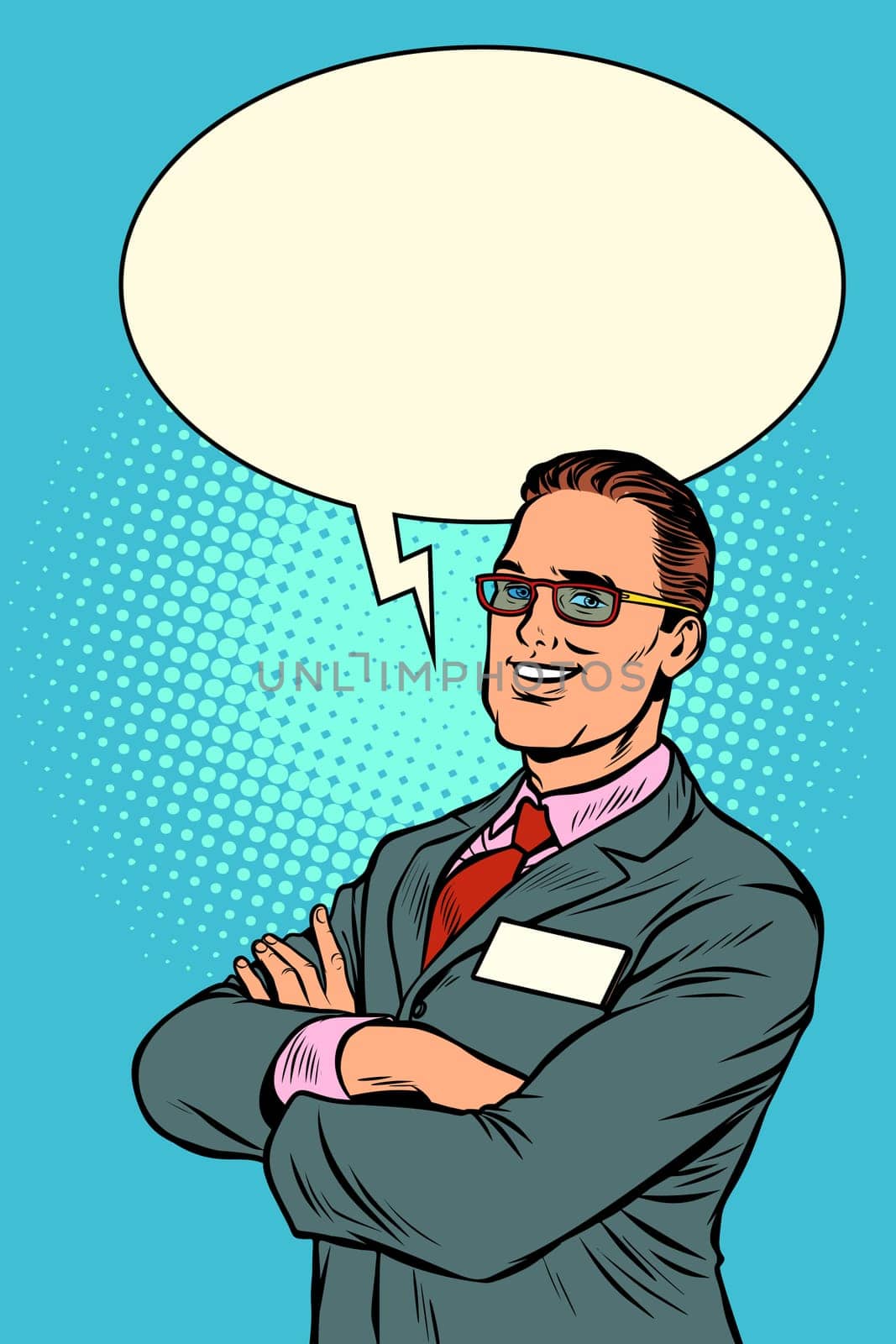 Confident businessman says. Comic bubble. Pop art retro vector illustration vintage kitsch