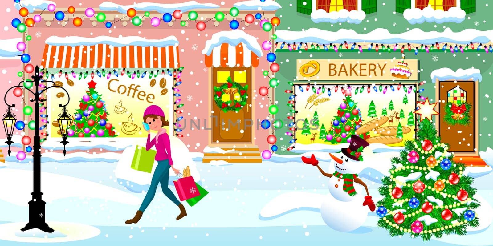 A young woman walks with shopping bags over a snow-covered street on Christmas Eve. A woman is walking along a snowy city street.  City street, decorated for Christmas, a woman steps on the snow in the background of shops, a Christmas tree and a snowman.