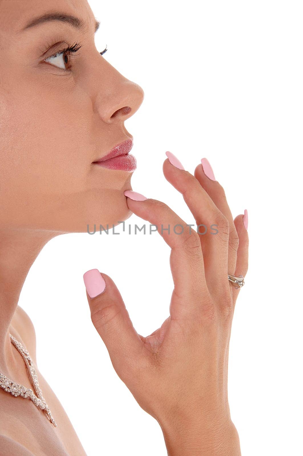 A close up of a halve face of a pretty woman with a necklace, holding.one finger on her chin, elegant, isolated for white background.