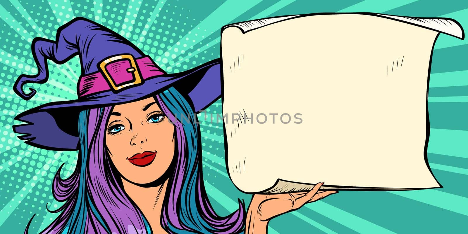 Announce Halloween Party. Beautiful witch. Pop art retro vector illustration vintage kitsch