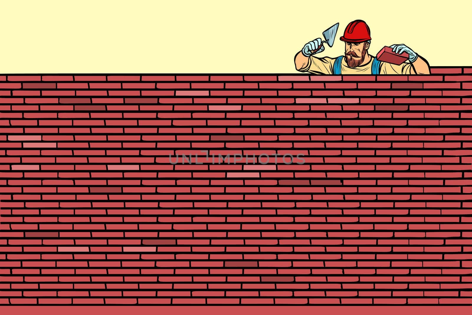 The Builder lays brick masonry at the top. Pop art retro vector illustration vintage kitsch