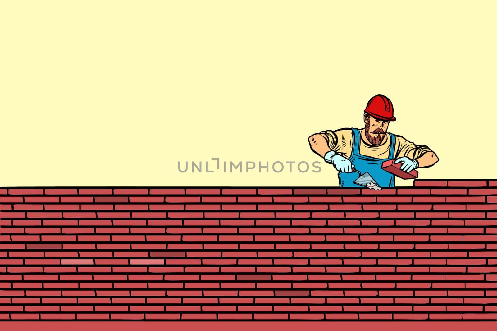 The Builder lays brick masonry in the middle. Pop art retro vector illustration vintage kitsch