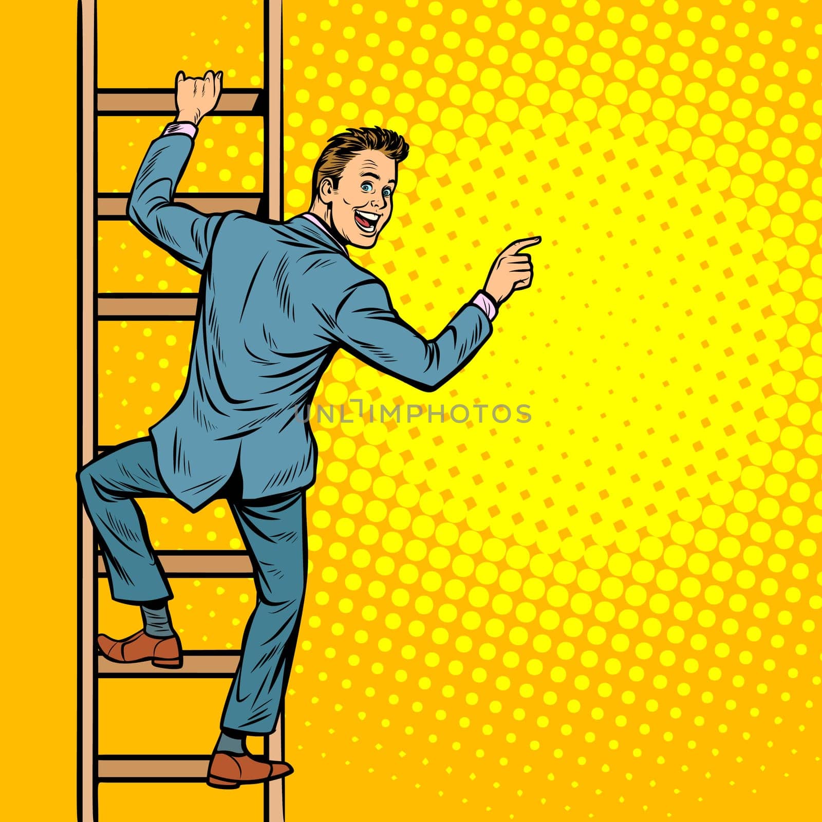 businessman climbs stairs, man points to copy space. Pop art retro vector illustration vintage kitsch