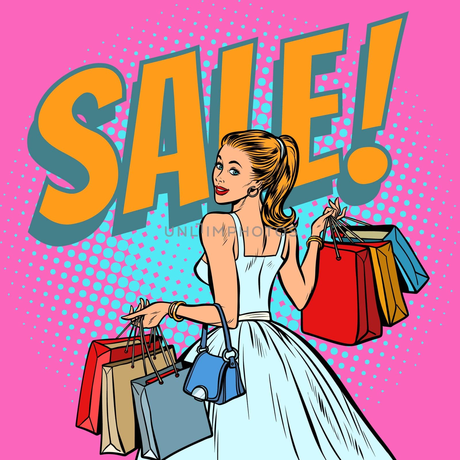 bride shopping, woman with bags. Pop art retro vector illustration vintage kitsch