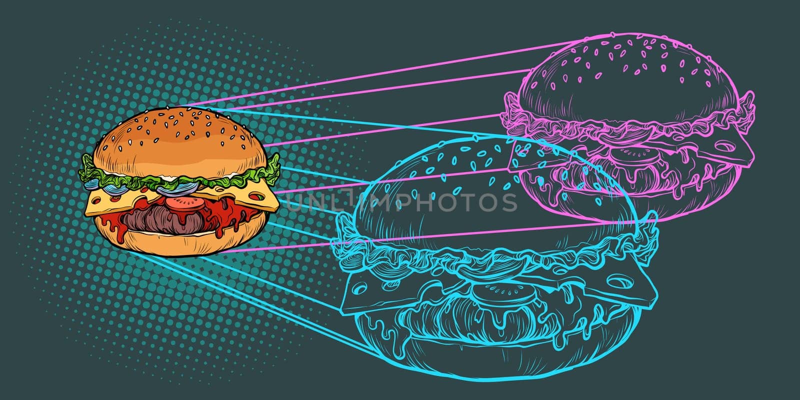 Burger ingredients, fast food restaurant. Pop art retro vector illustration vintage kitsch