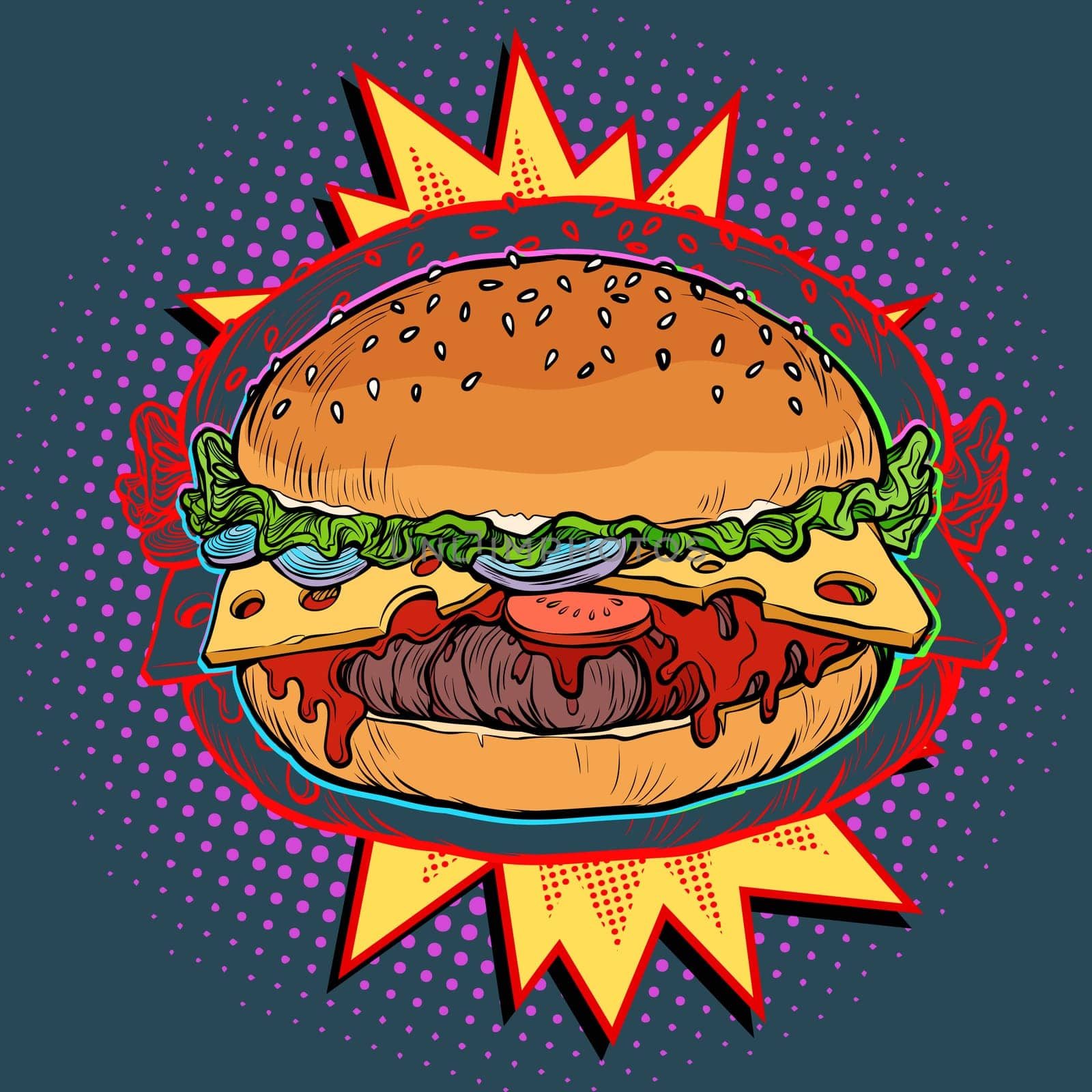 hot Burger on fire, fast food restaurant. Pop art retro vector illustration vintage kitsch