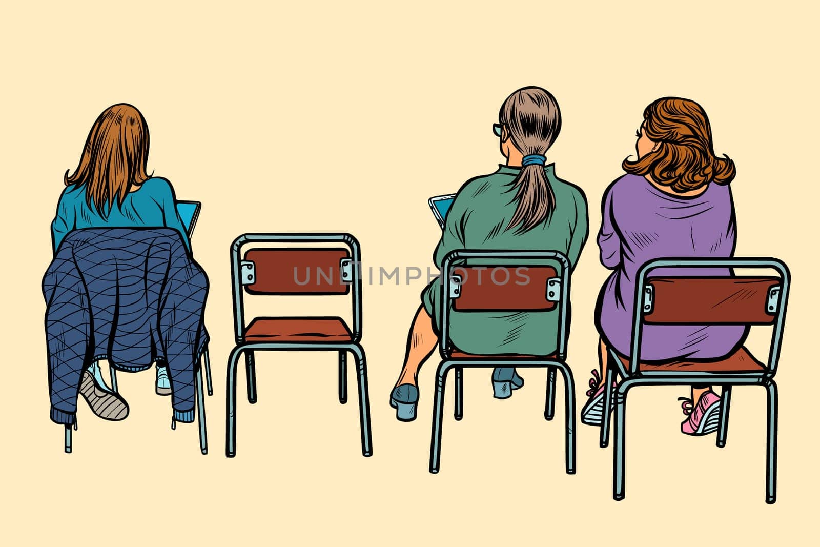 women sit back on chairs. Pop art retro vector illustration vintage kitsch