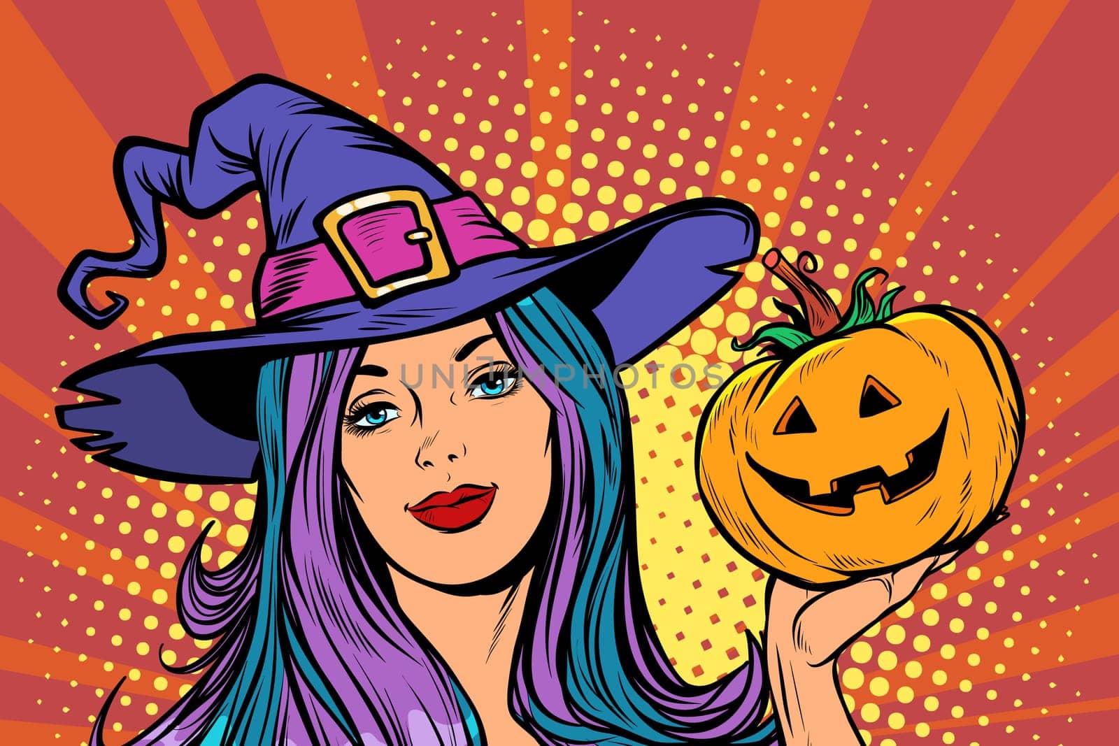 happy Halloween witch with pumpkin. Pop art retro vector illustration vintage kitsch