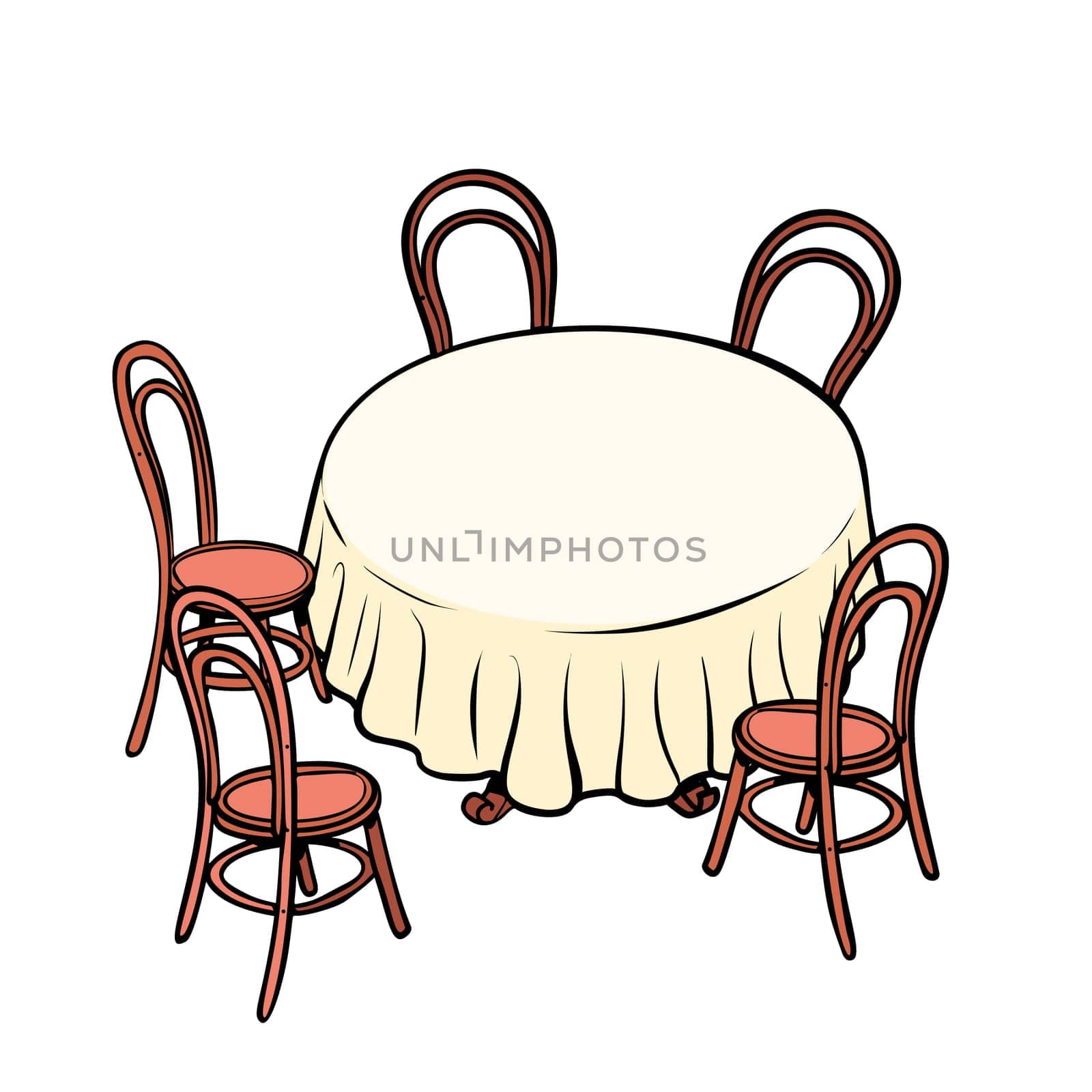 Round dining table and chairs around. Pop art retro vector illustration vintage kitsch
