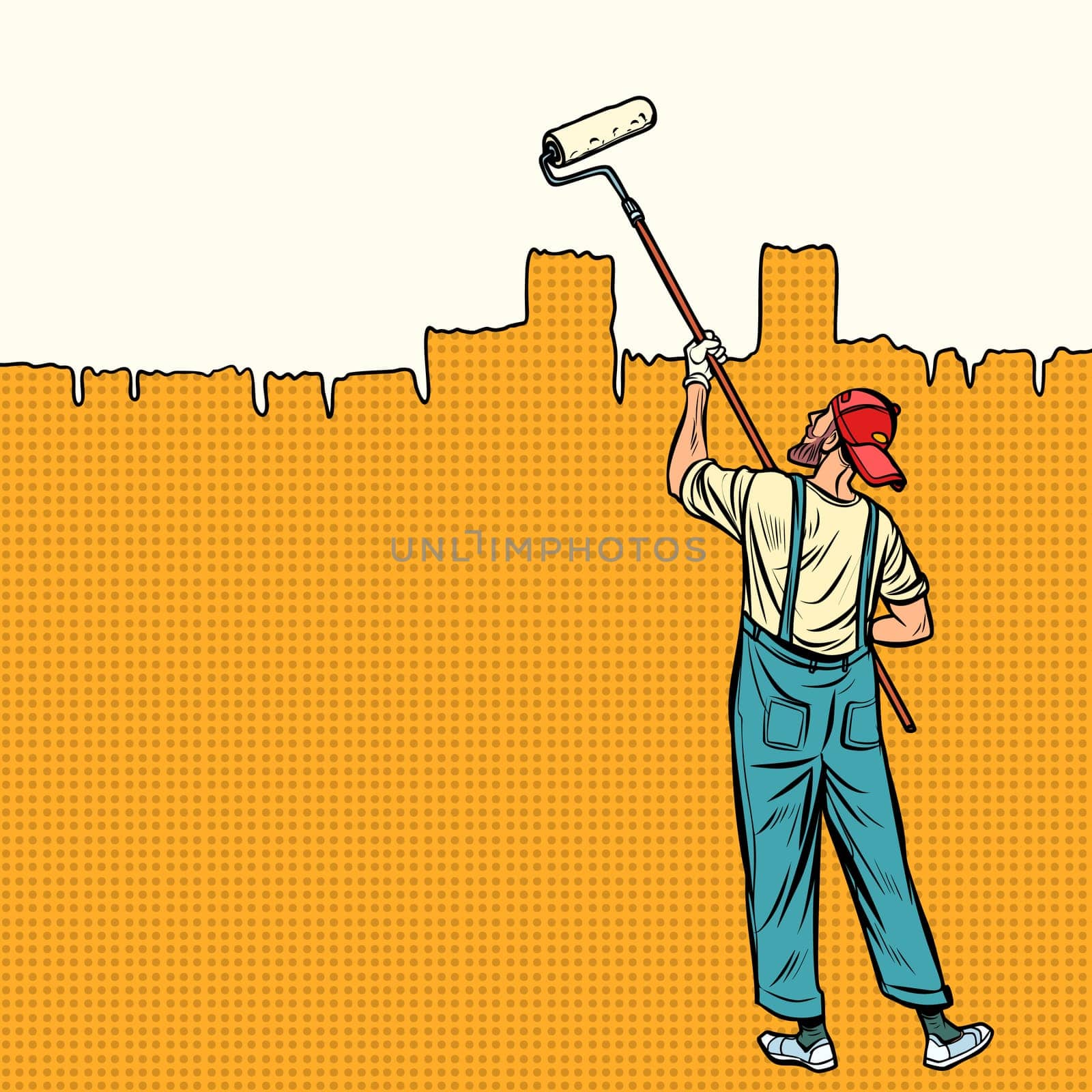 painter paints the wall at the top. Pop art retro vector illustration vintage kitsch