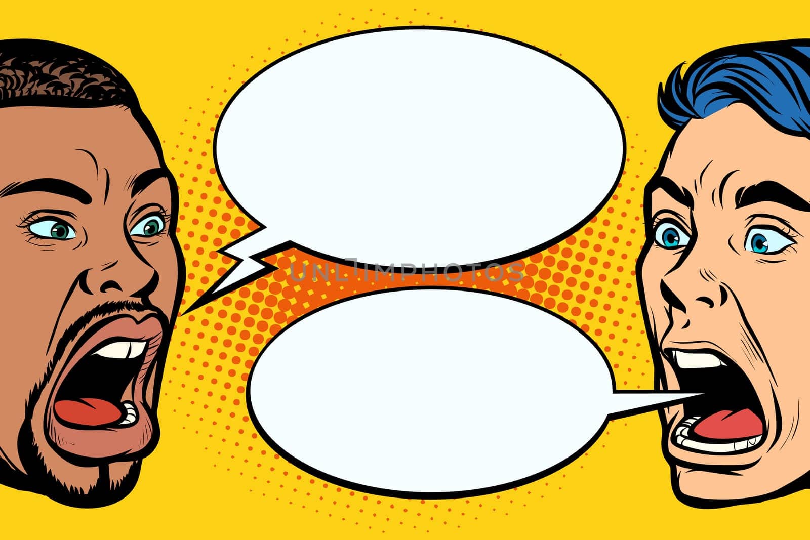 man scream face. African and Caucasian people. Pop art retro vector illustration kitsch vintage