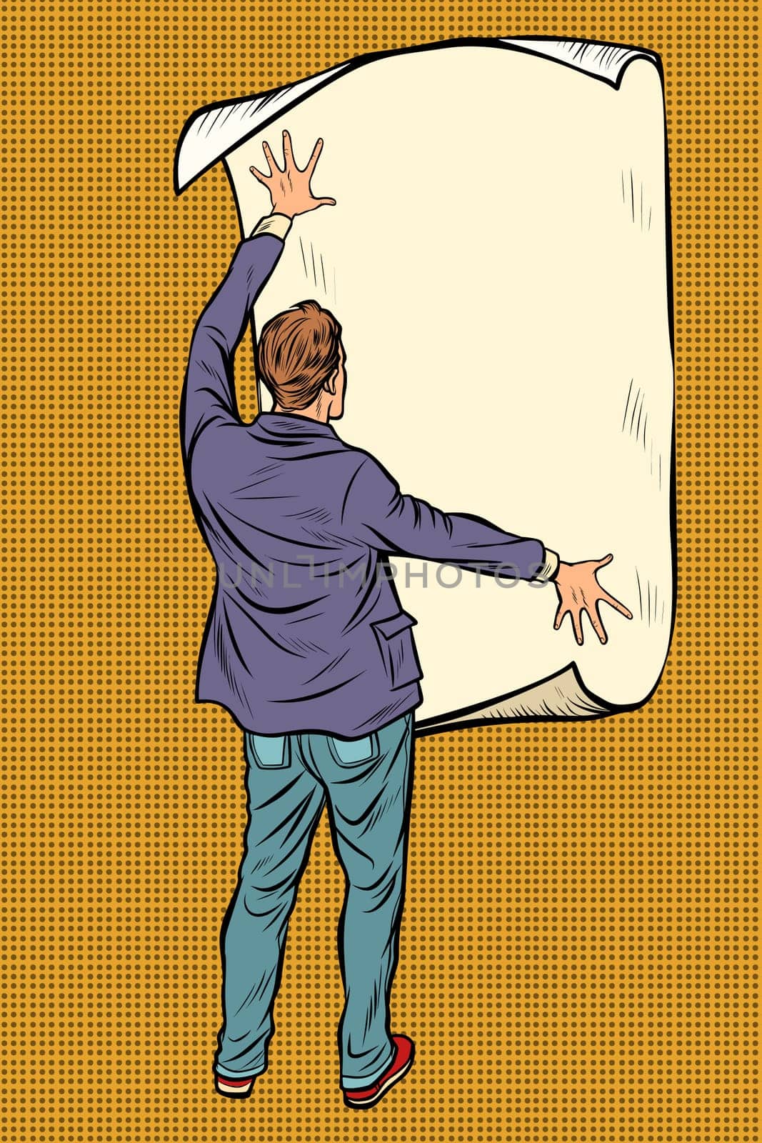 man unfolded poster paper, announcement on the wall. Pop art retro vector illustration vintage kitsch