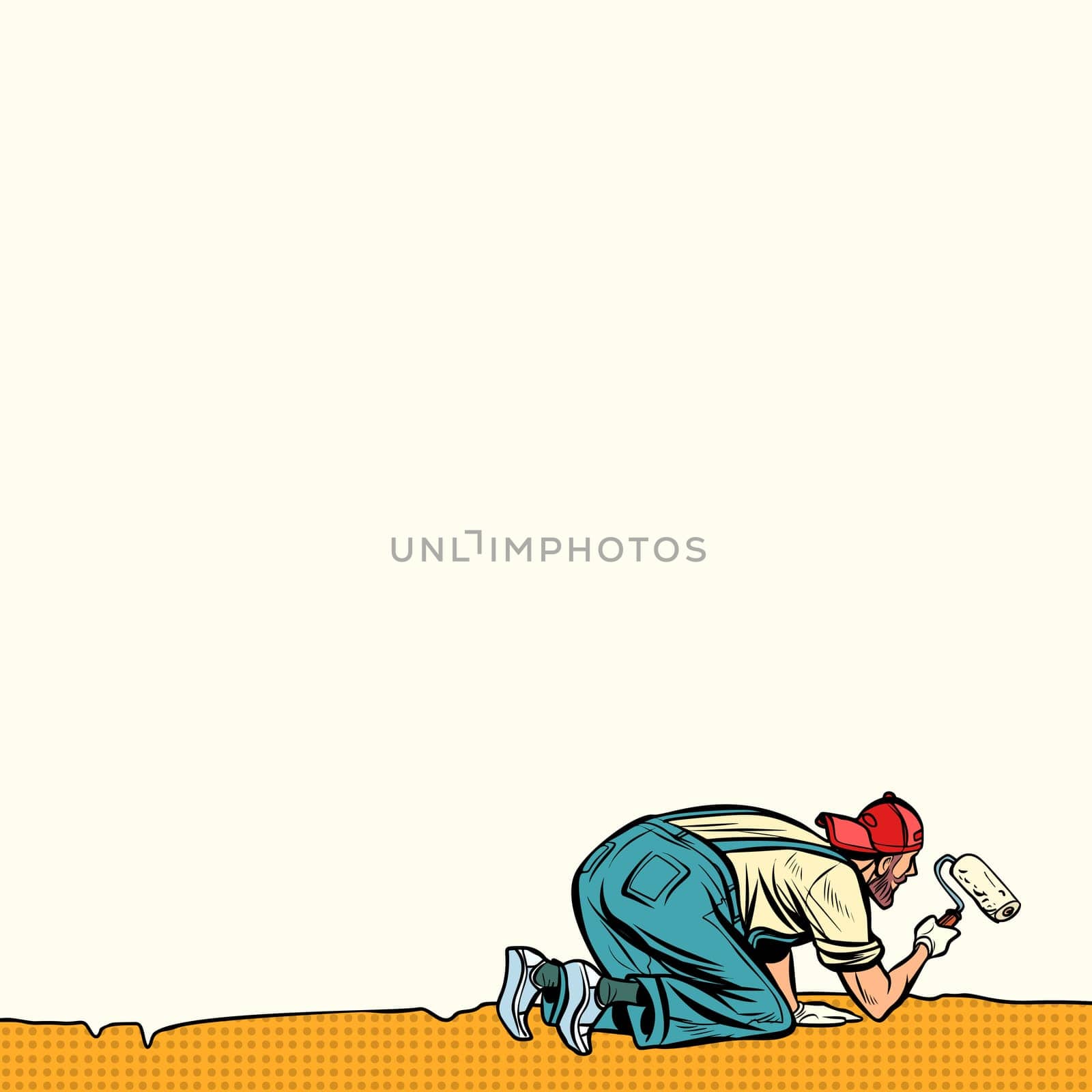 worker painter paints  wall at the bottom. Pop art retro vector illustration vintage kitsch