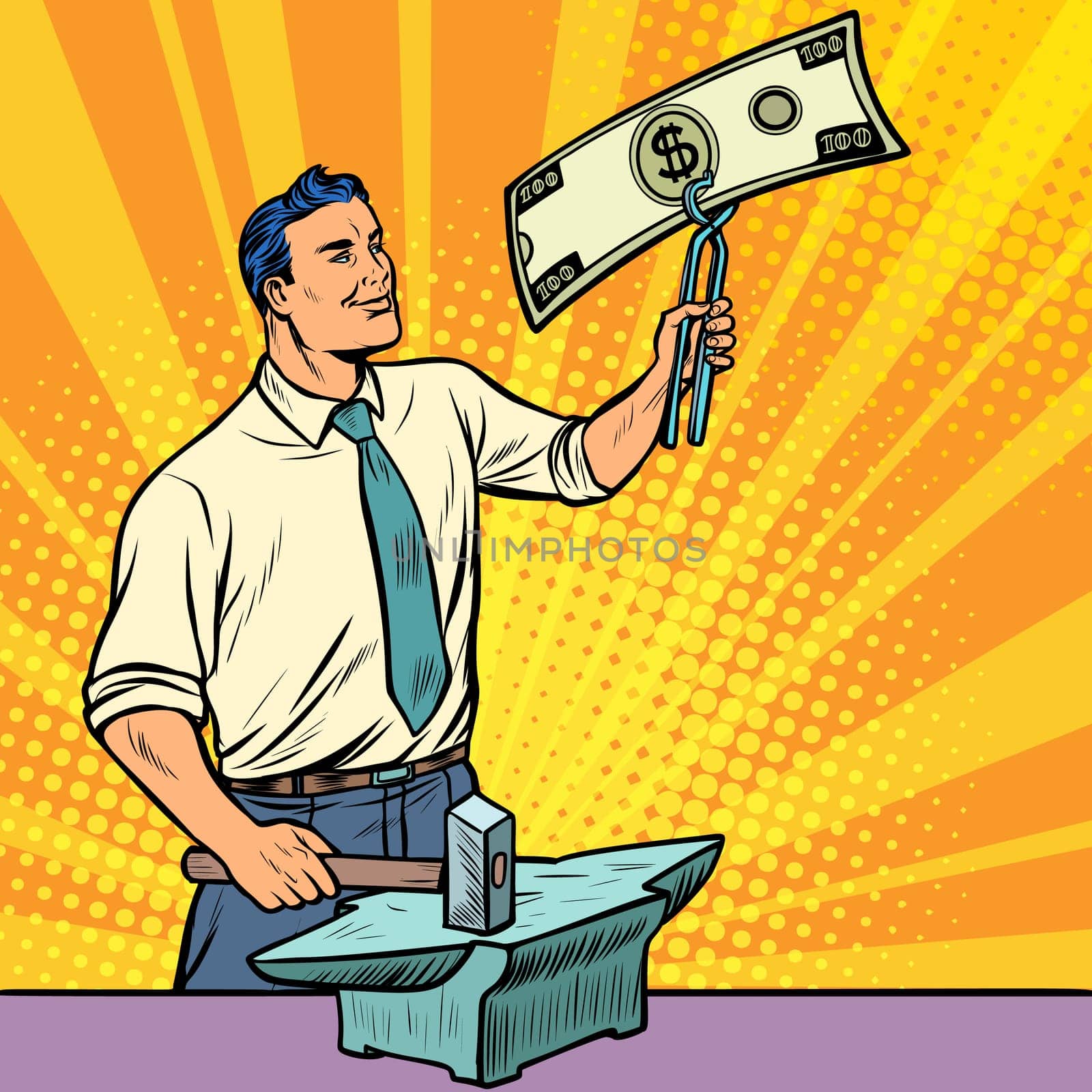 Businessman blacksmith forges dollars money on the anvil. Pop art retro illustration vintage kitsch drawing