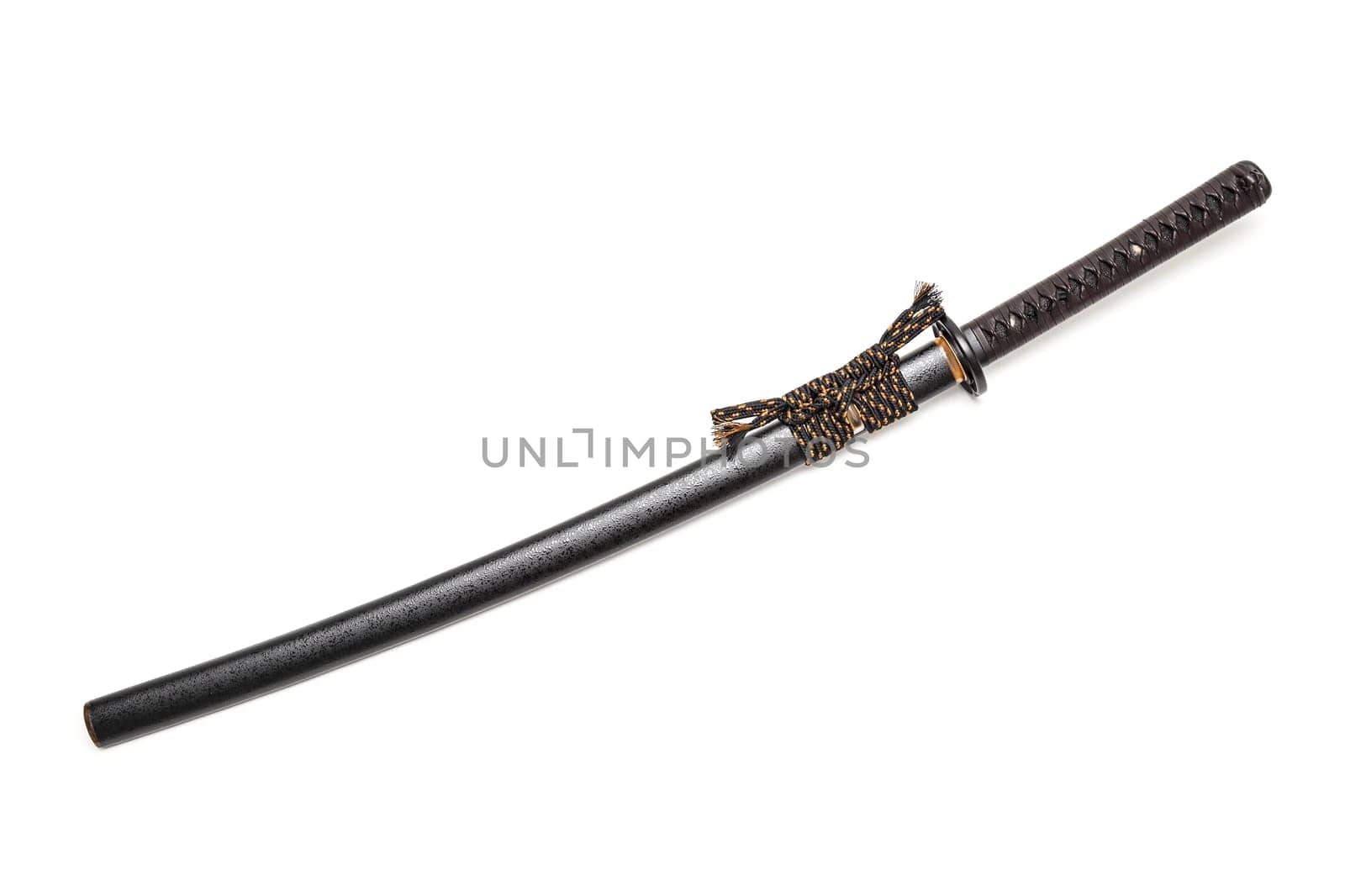 Brown leather cord tie on grip Japanese sword and black scabbard with steel fitting isolated in white background.