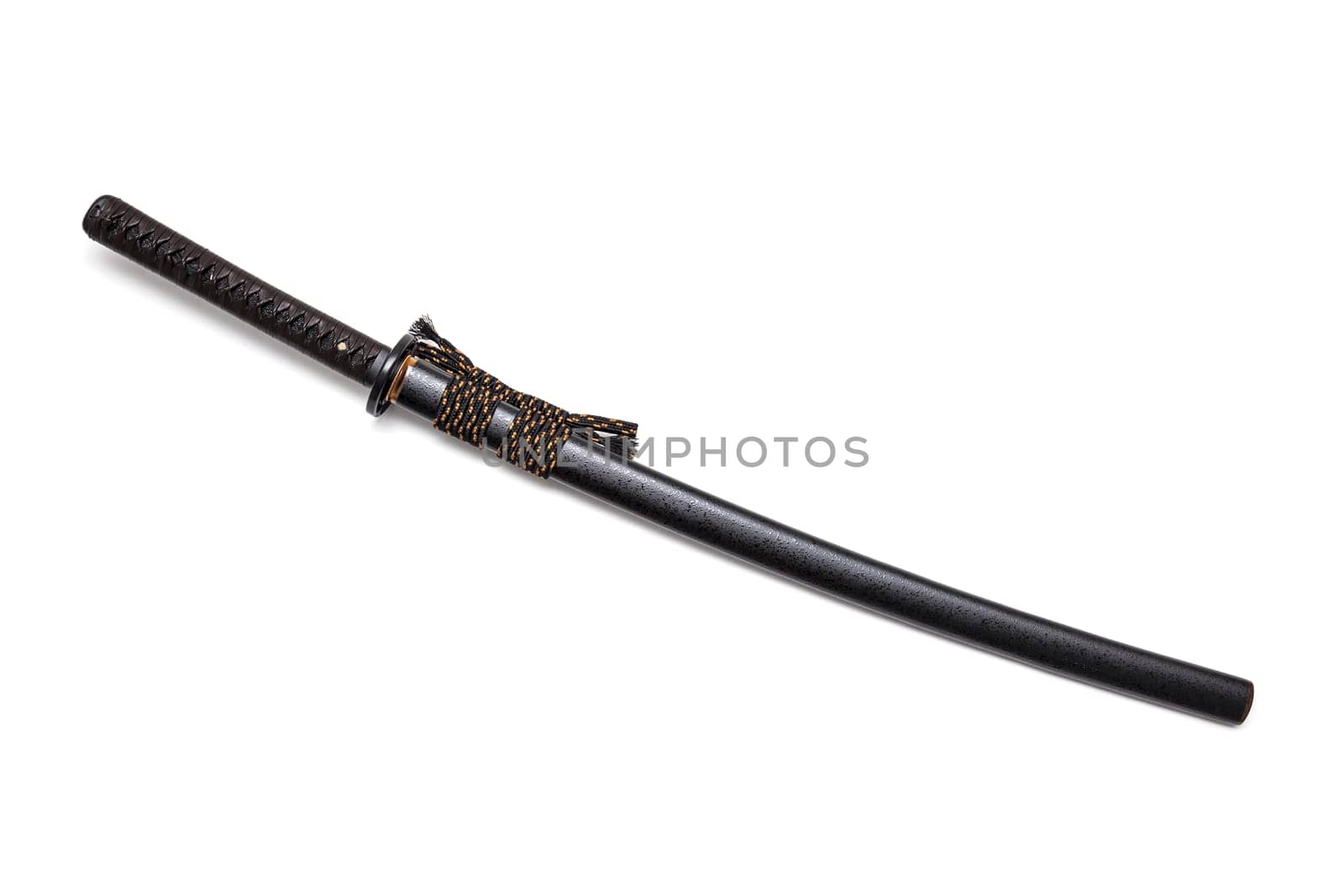 Brown leather cord tie on grip Japanese sword and black scabbard with steel fitting isolated in white background.